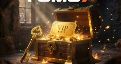Golden treasure chest labeled VIP Vault overflowing with gold coins and a key, with FOMO7 logo above in a mystical vault setting