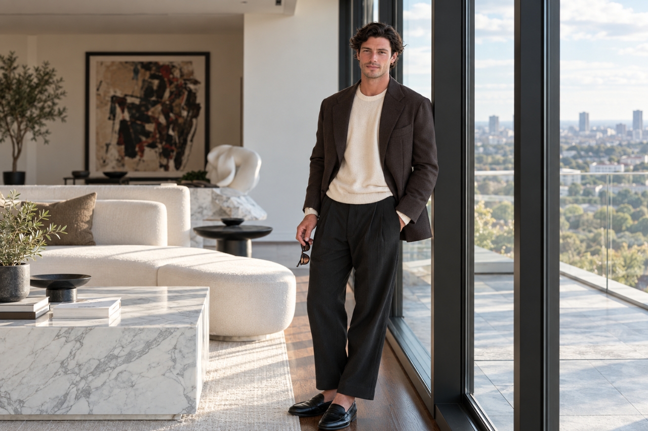Mens brown suit styling